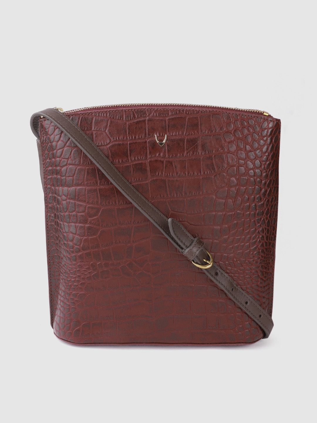 Hidesign Maroon Croc Textured Leather Structured Sling Bag Price in India