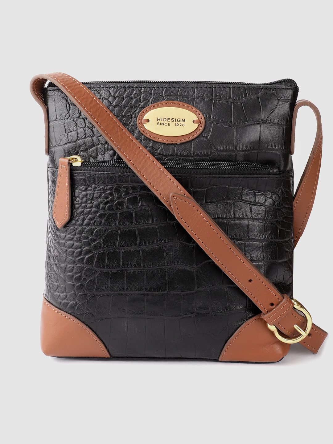 Hidesign Black Croc Textured Leather Handcrafted Structured Sling Bag Price in India
