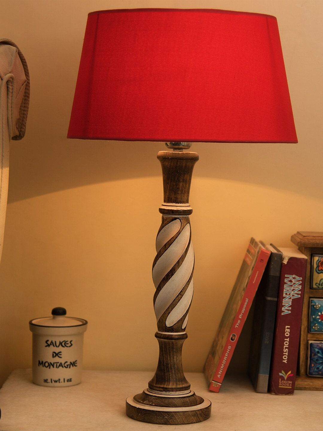 Homesake Red & Brown Solid Contemporary Bedside Smart Lamp with Shade Price in India
