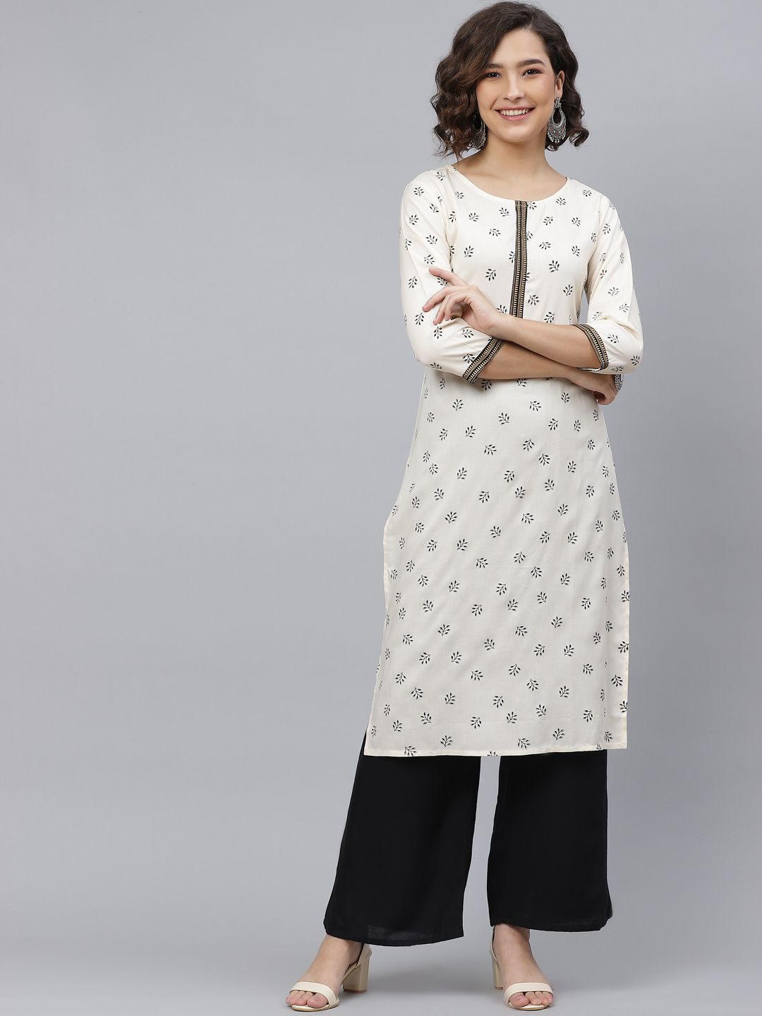 HERE&NOW Women Off White & Black Floral Printed Floral Kurta Price in India