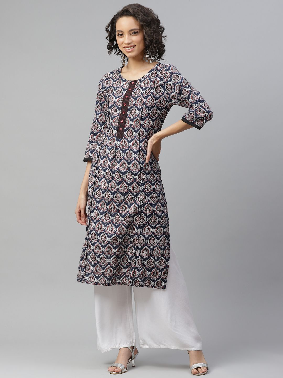 HERE&NOW Women Navy Blue & Maroon Ethnic Motifs Pure Cotton Printed Kurta