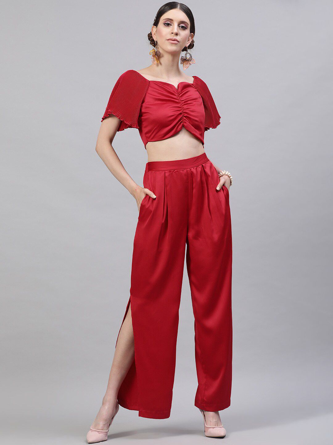STREET 9 Women Red Solid Top with Trousers Price in India