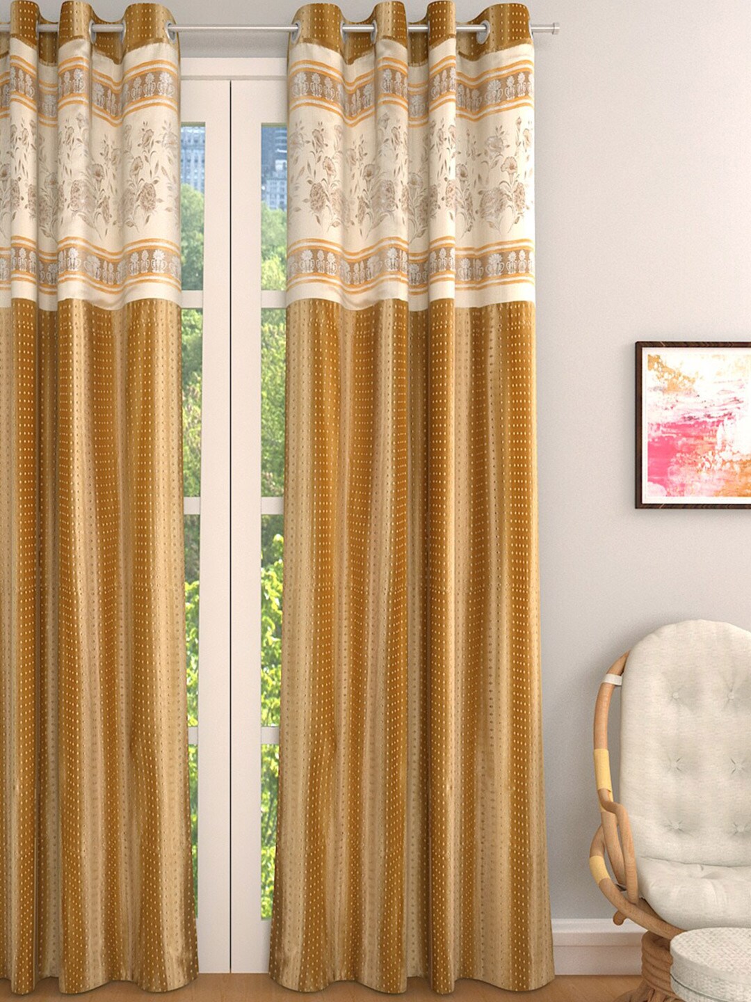ROMEE Gold-Toned & Cream-Coloured Single Room Darkening Long Door Curtain Price in India
