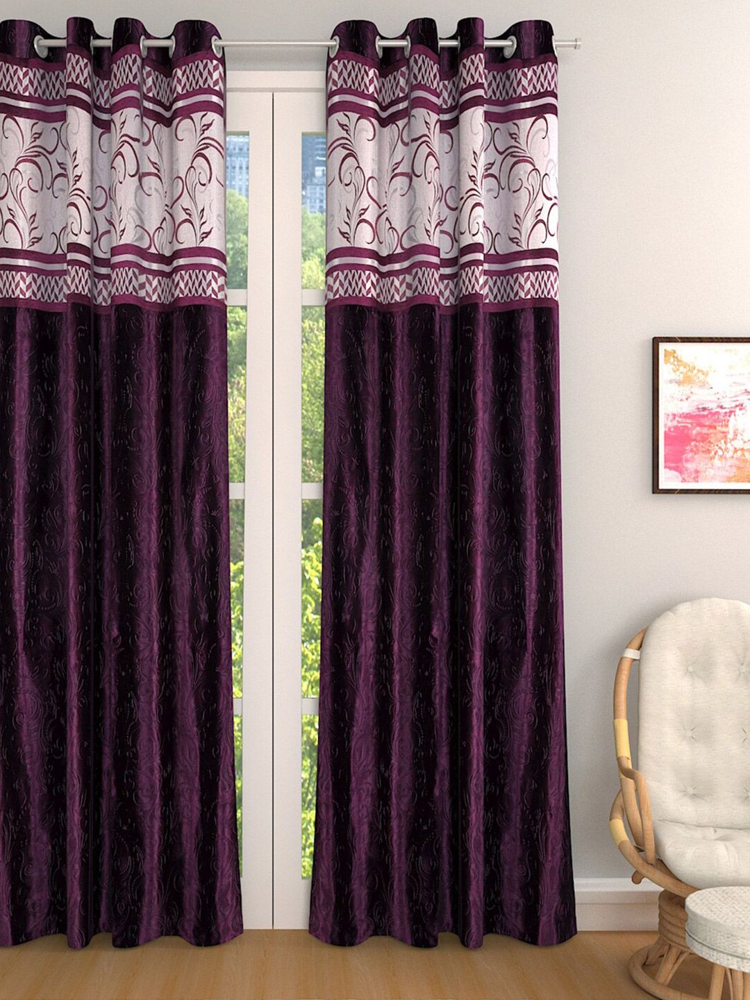 ROMEE Purple Floral Single Room Darkening Long Door Curtain Price in India