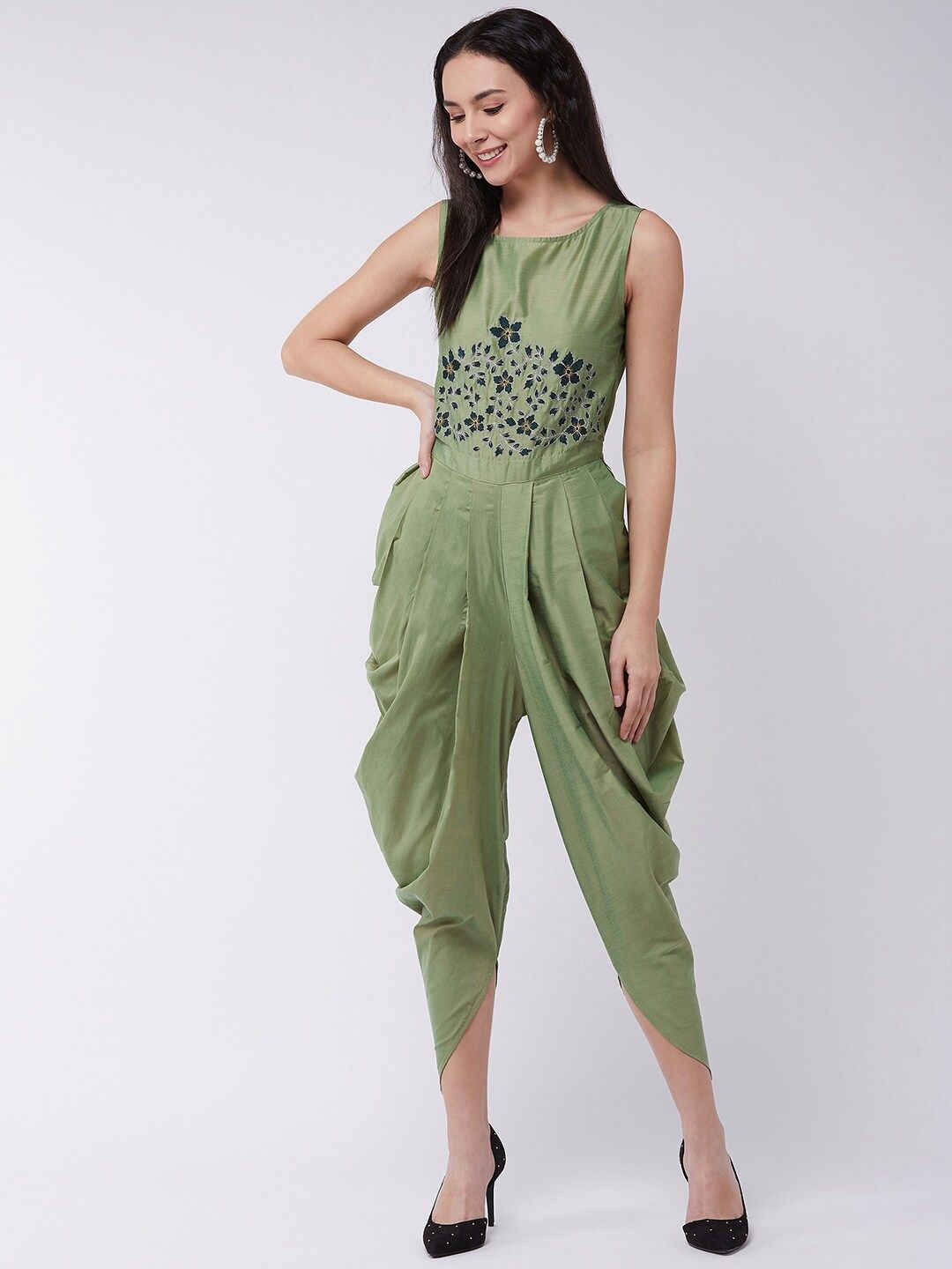 Pannkh Women Green & Navy Blue Embroidered Cowl Jumpsuit Price in India