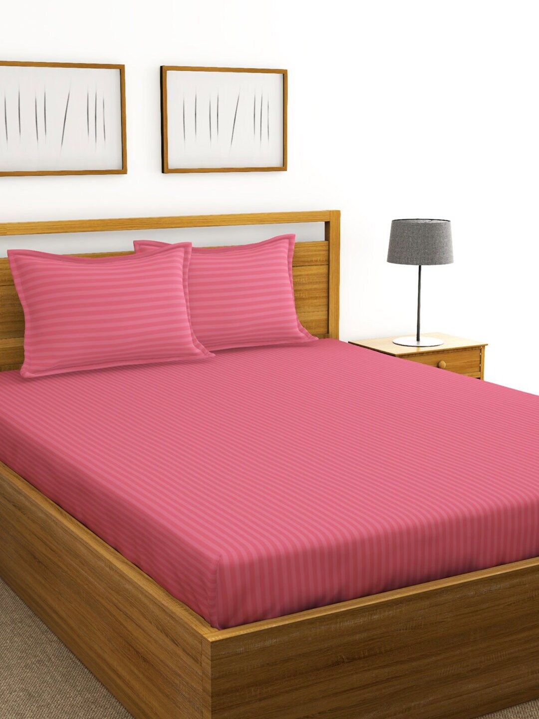 BIANCA Pink Striped 210 TC Cotton 1 King Bedsheet with 2 Pillow Covers Price in India
