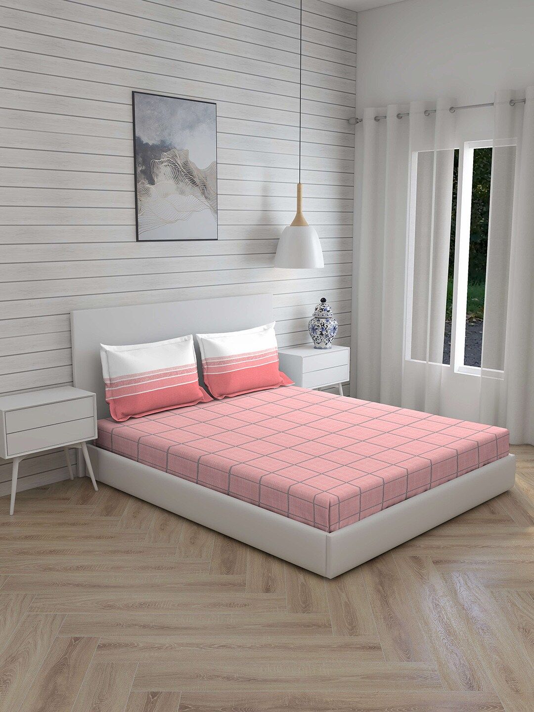 Layers Pink & White Geometric 144 TC Cotton 1 Queen Bedsheet with 2 Pillow Covers Price in India