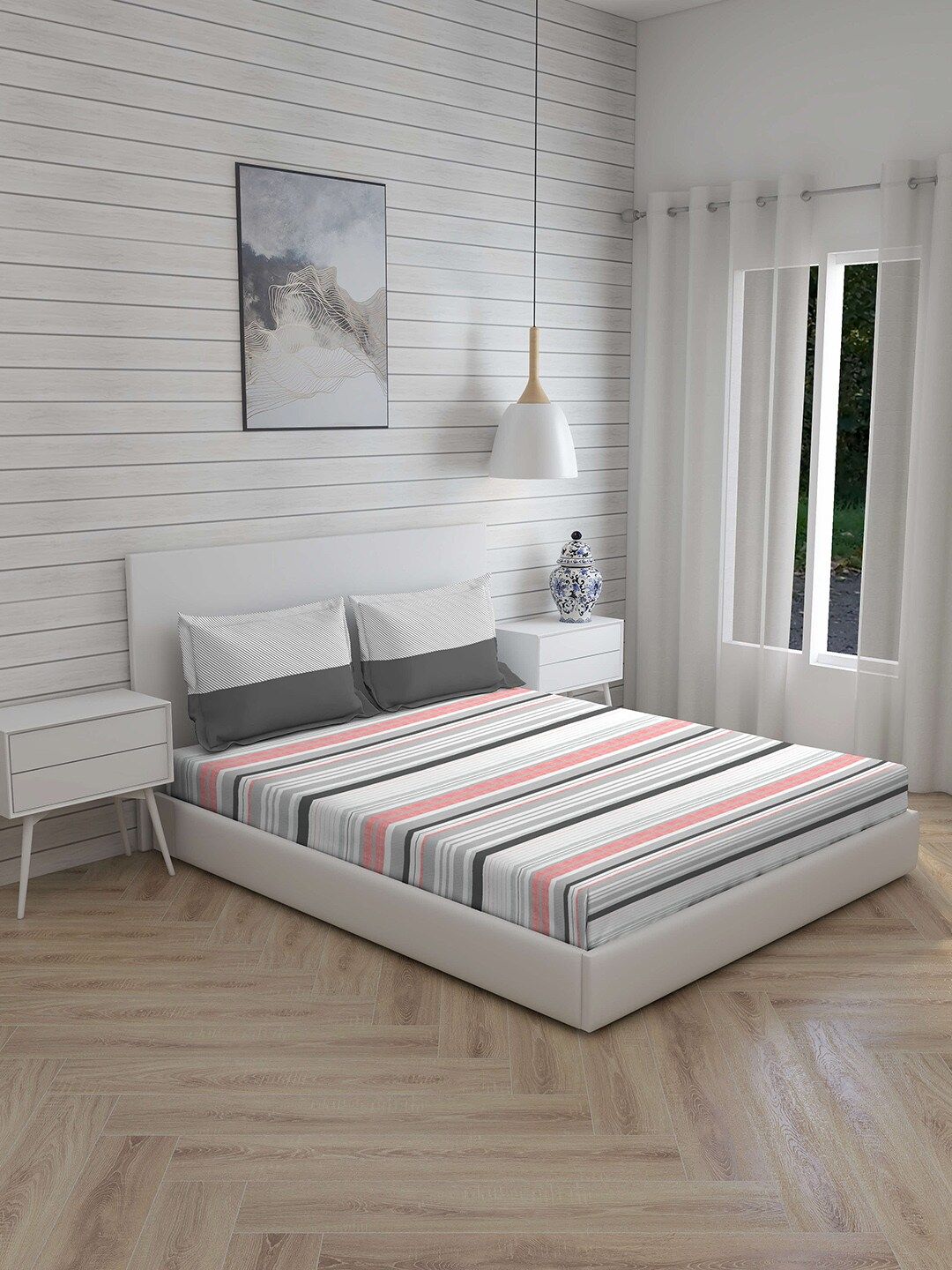 Layers White & Grey Striped 144 TC Cotton 1 King Bedsheet with 2 Pillow Covers Price in India