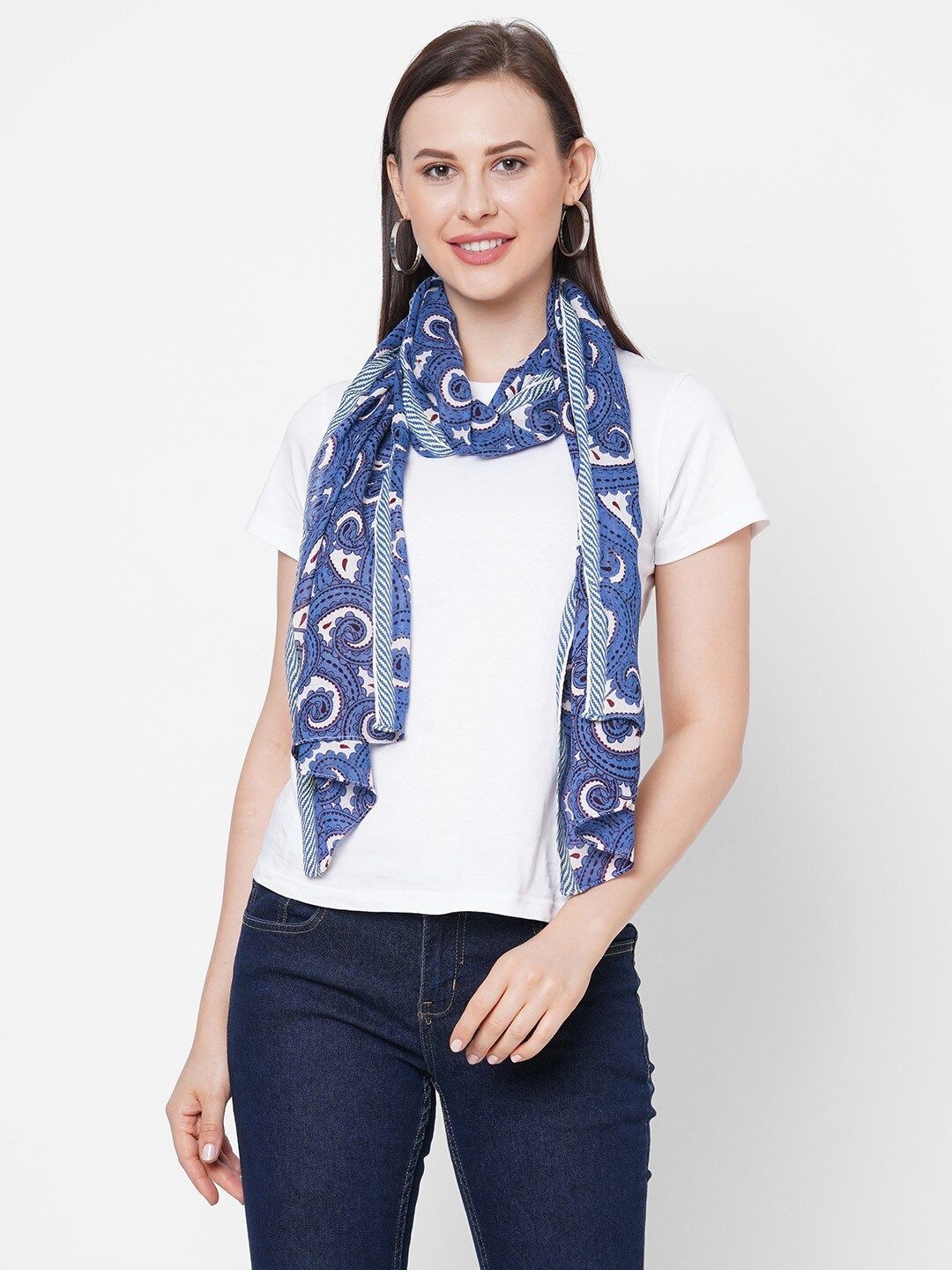 Get Wrapped Women Blue Printed Scarf with Dobby Border Price in India