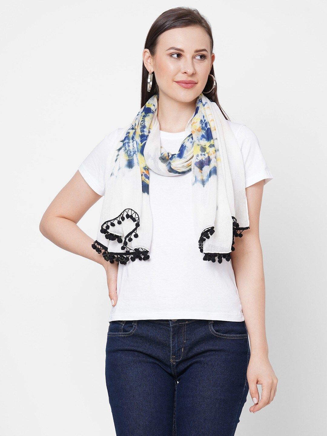 Get Wrapped Women White & Blue Dyed Scarf Price in India