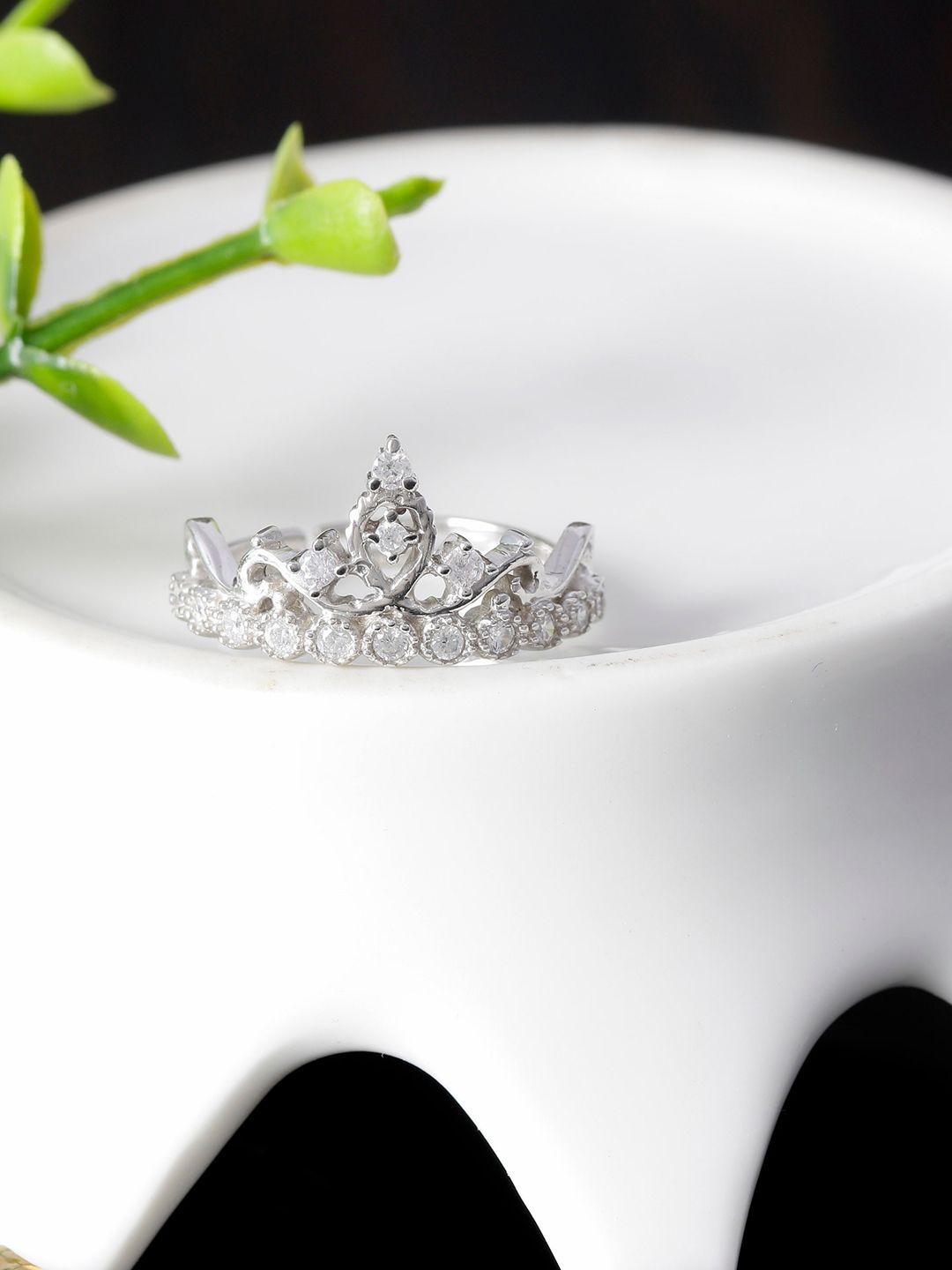 GIVA 925 Sterling Silver Rhodium-Plated CZ-Studded Adjustable Crown Finger Ring Price in India