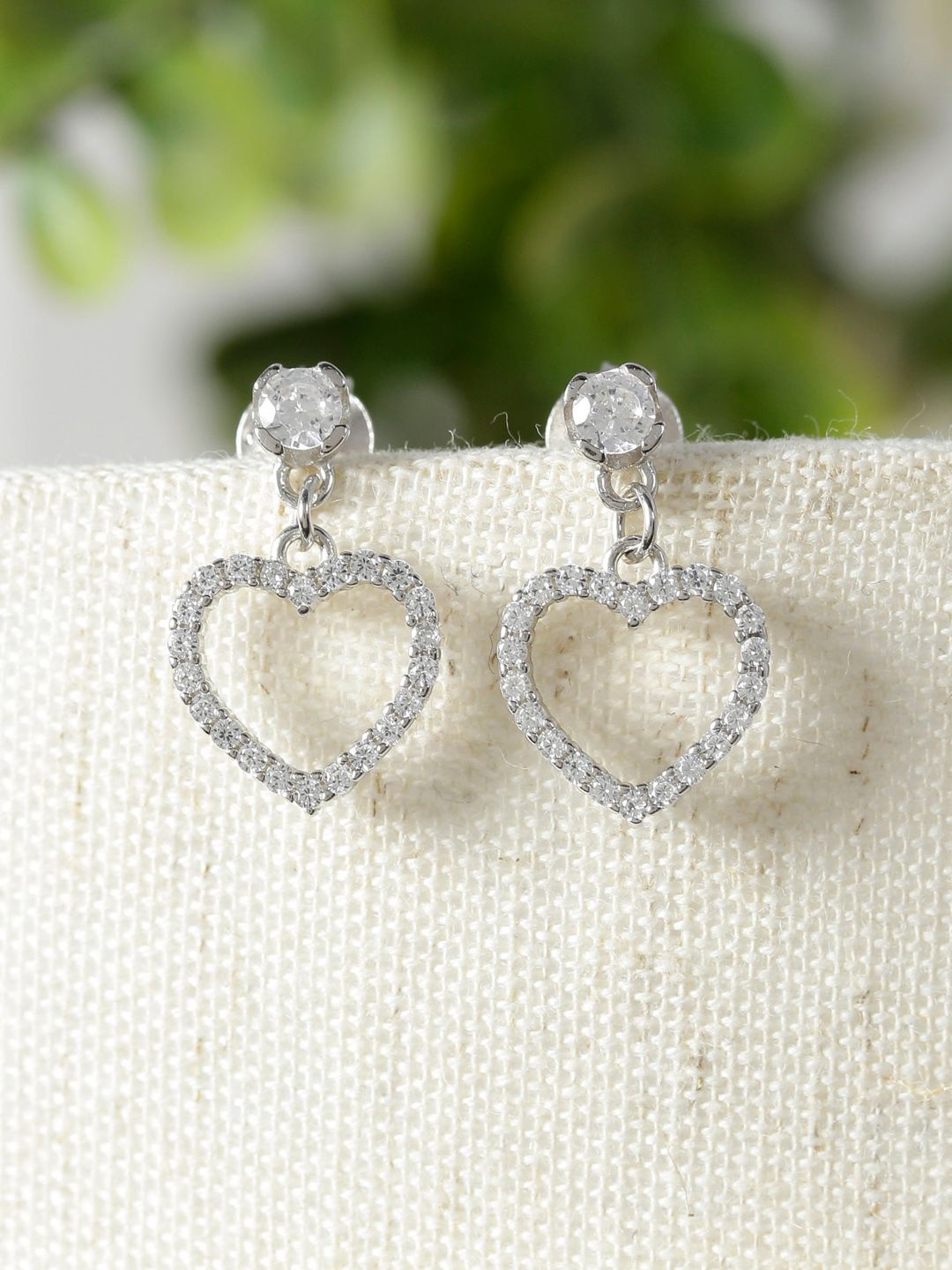 GIVA 925 Sterling Silver Silver-Toned Cubic Zirconia Stone Studded Rhodium-Plated Heart Shaped Drop Earrings Price in India