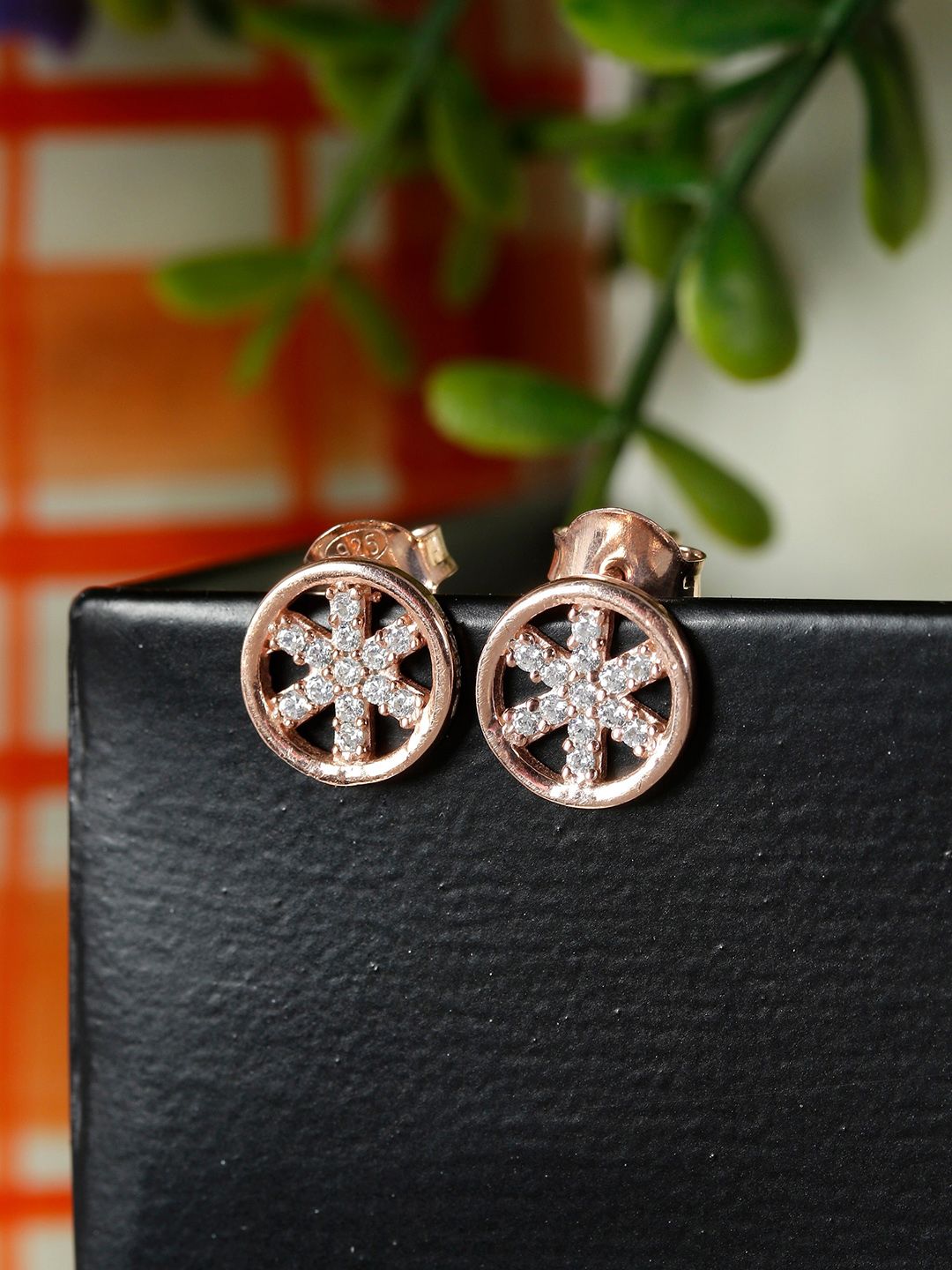 GIVA 925 Sterling Silver Rose Gold-Plated Cubic Zirconia Stone Studded Circular Studs Price in India