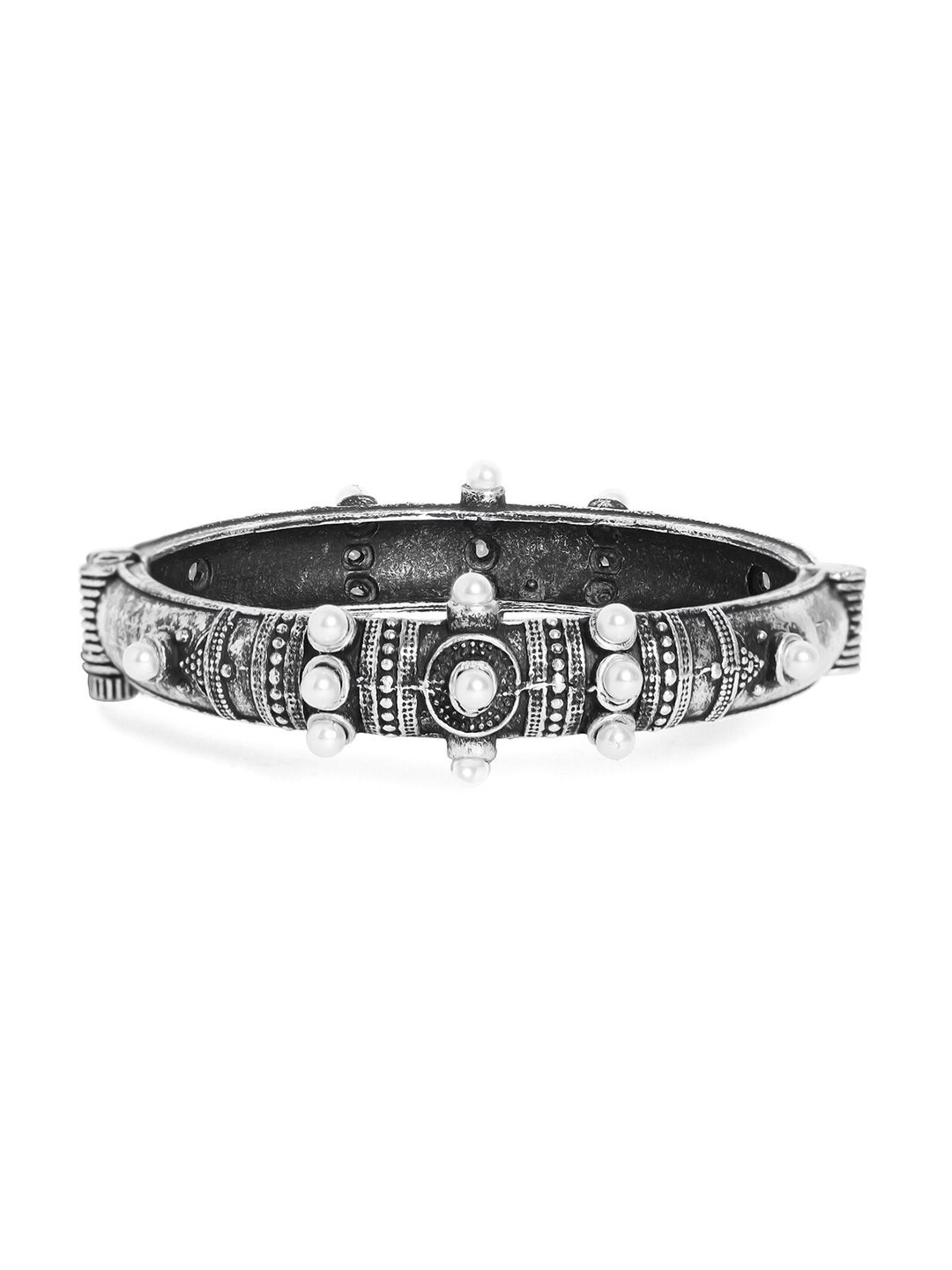 Rubans Silver-Plated Handcrafted Pearl Oxidised Filigree Bangle-Style Bracelet Price in India