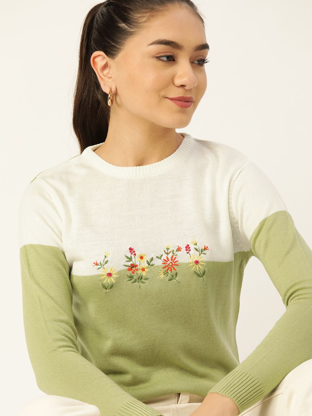 DressBerry Women White & Green Colourblocked Pullover with Embroidered Detail Price in India