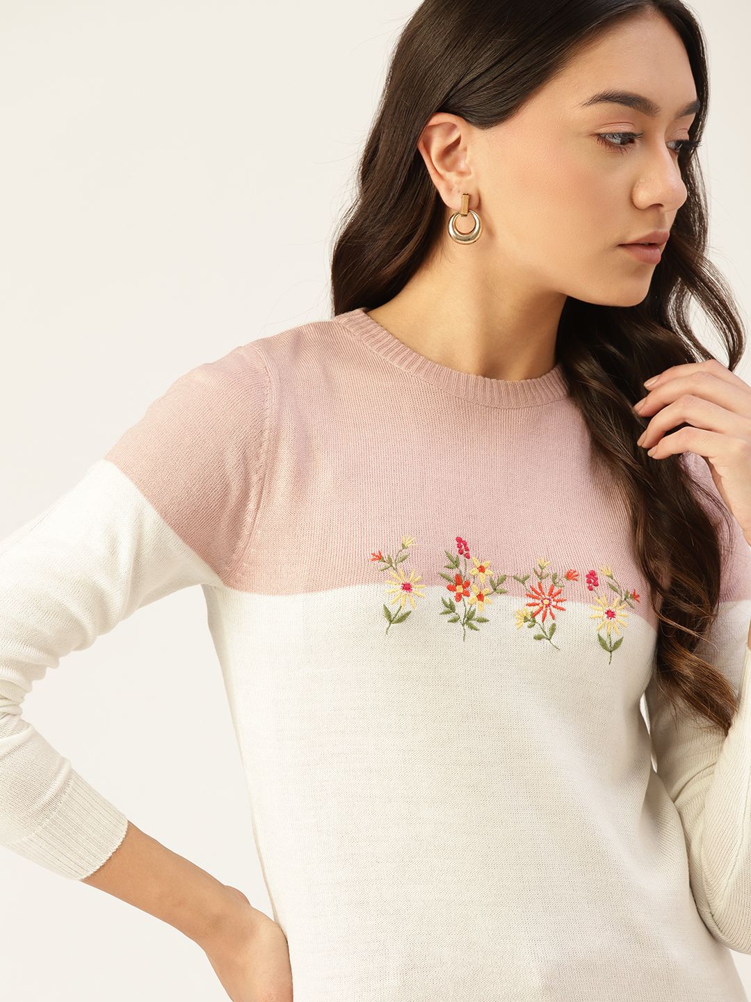 DressBerry Women Pink & White Colourblocked Pullover with Embroidered Detail Price in India