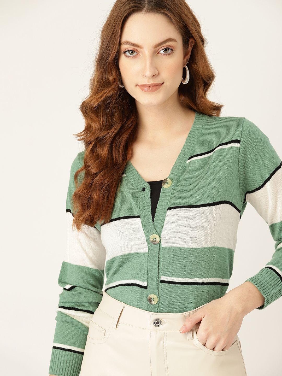 DressBerry Women Green & White Striped Cardigan Price in India