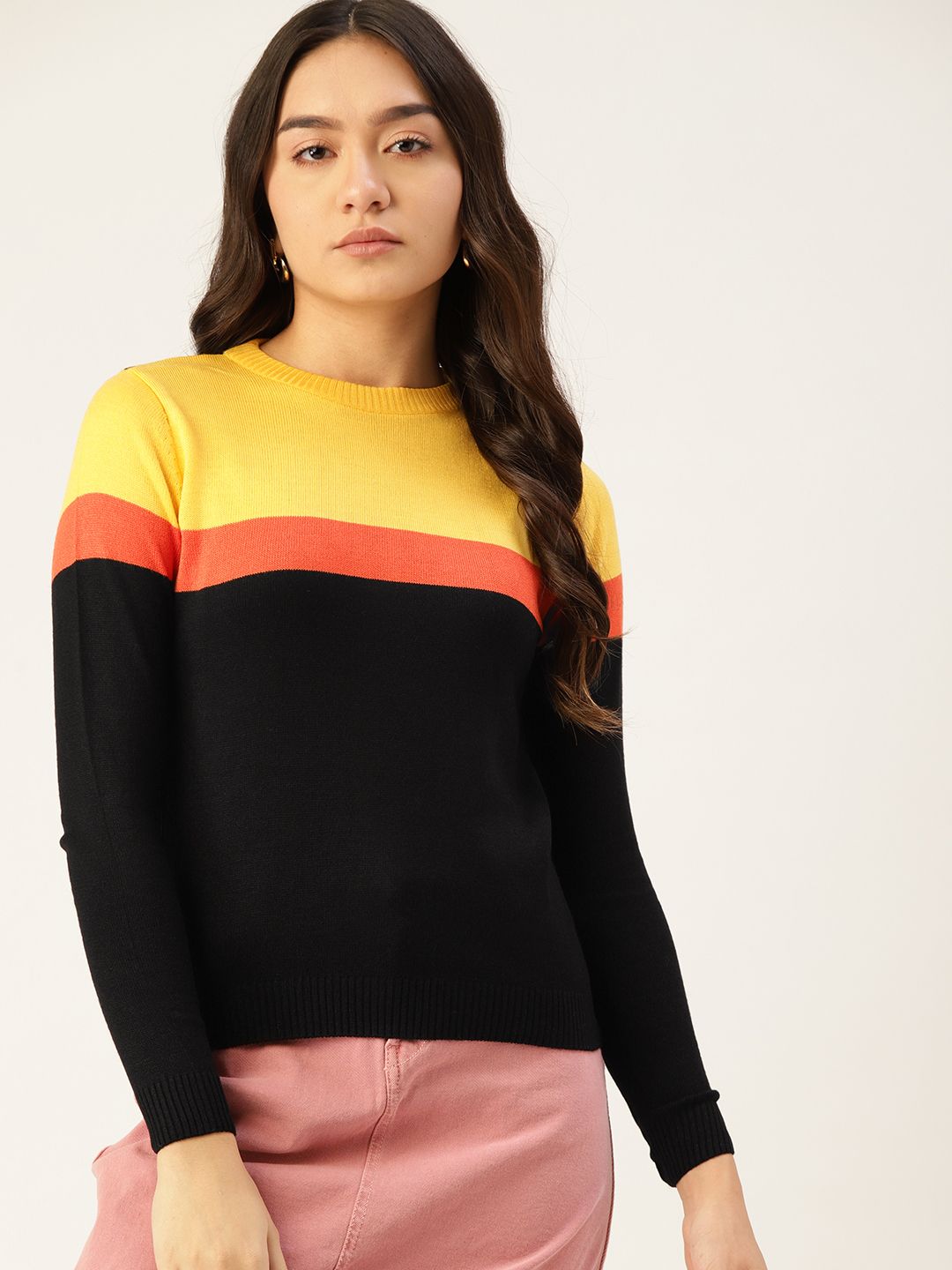 DressBerry Women Black & Yellow Colourblocked Pullover with Striped & Button Detail Price in India