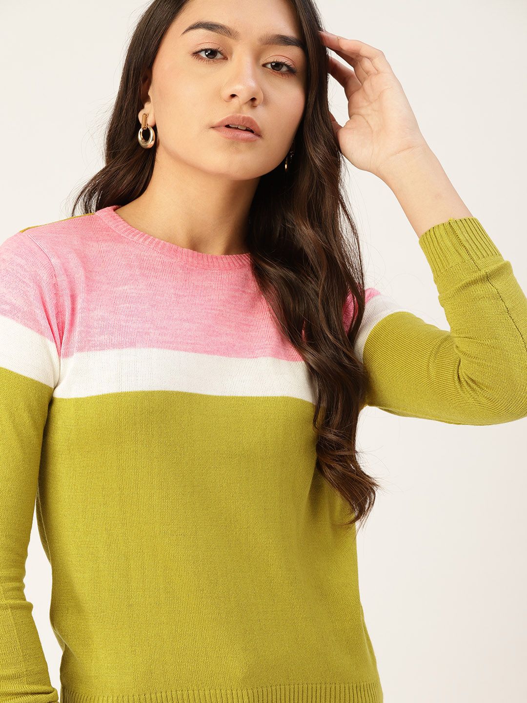 DressBerry Women Olive Green & Pink Colourblocked Pullover with Striped & Button Detail Price in India