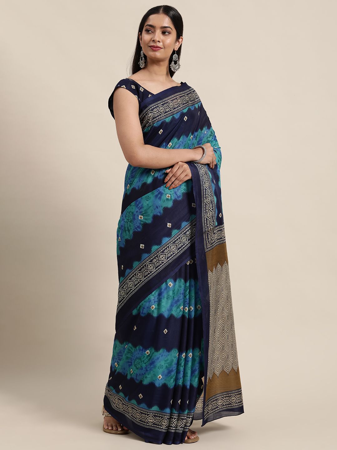 Saree mall Navy Blue & Sea Green Bandhani Art Silk Sarees Price in India