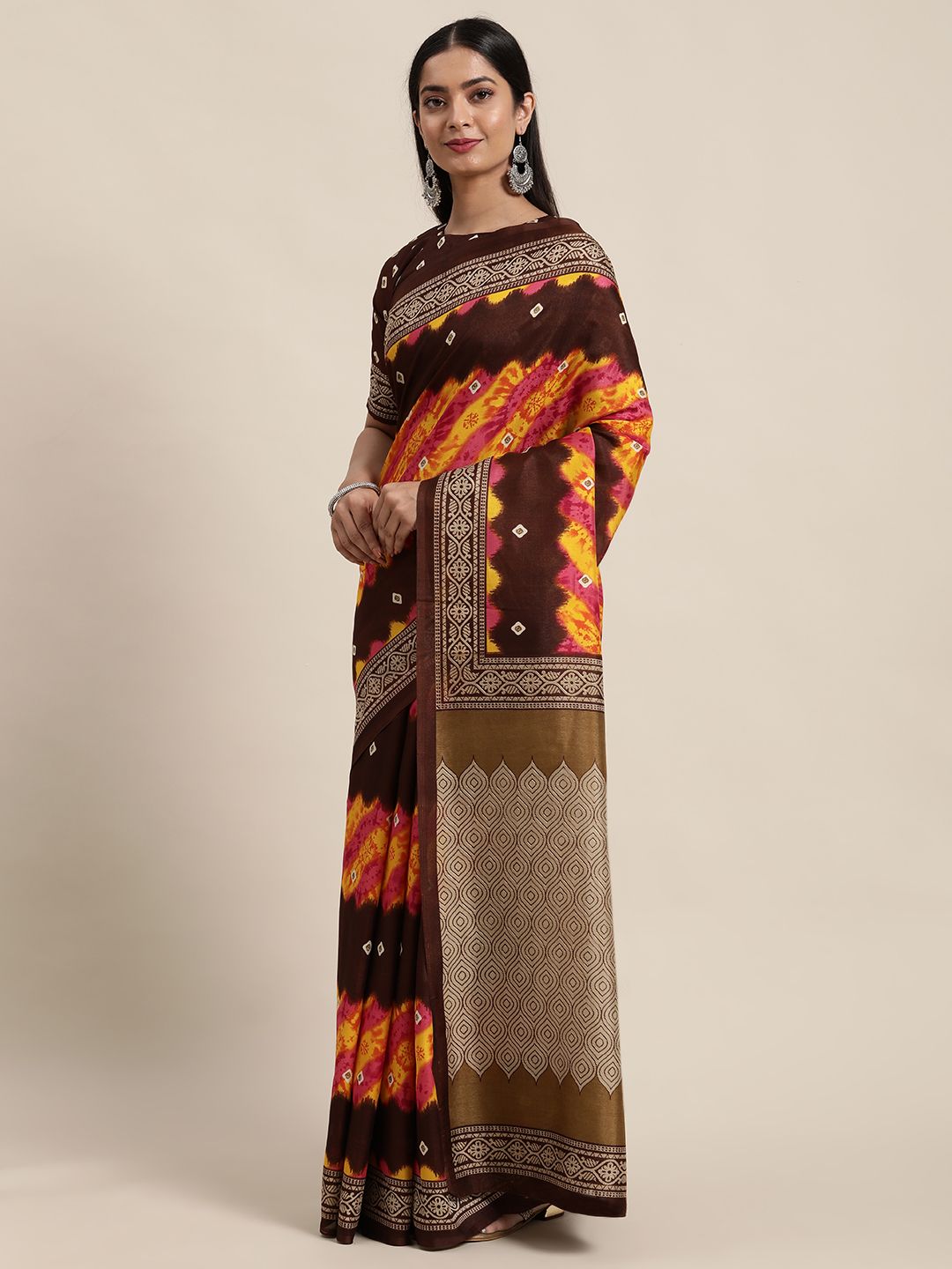 Saree mall Brown & Yellow Bandhani Art Silk Sarees Price in India