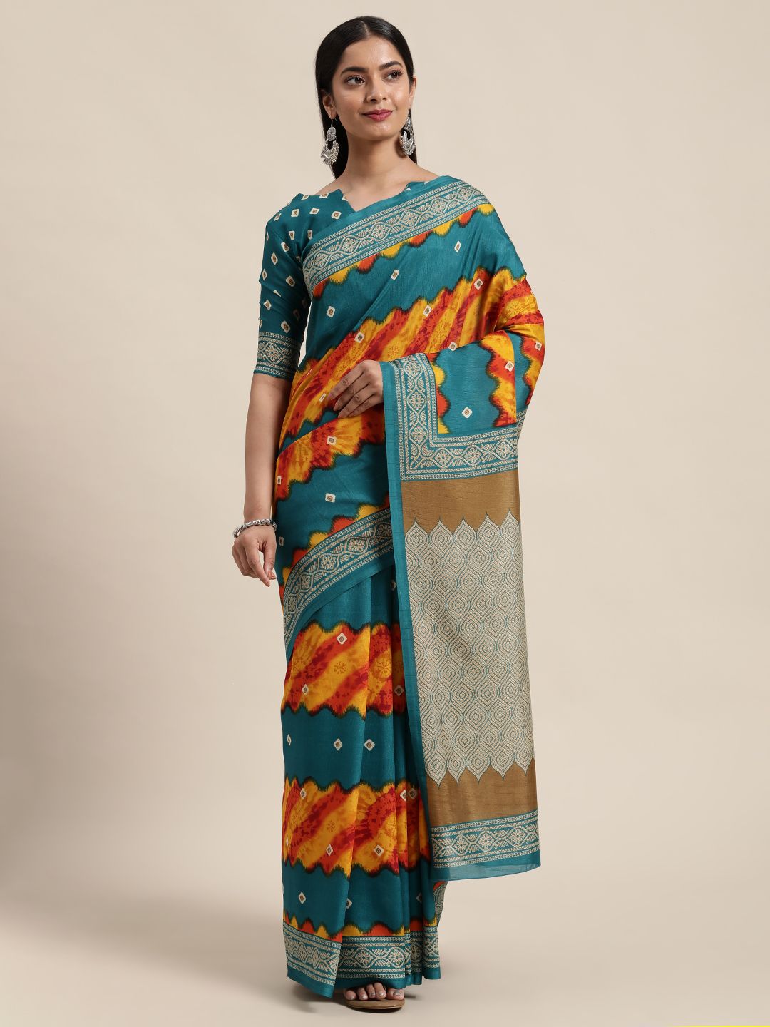 Saree mall Teal Blue & Yellow Bandhani Art Silk Sarees Price in India