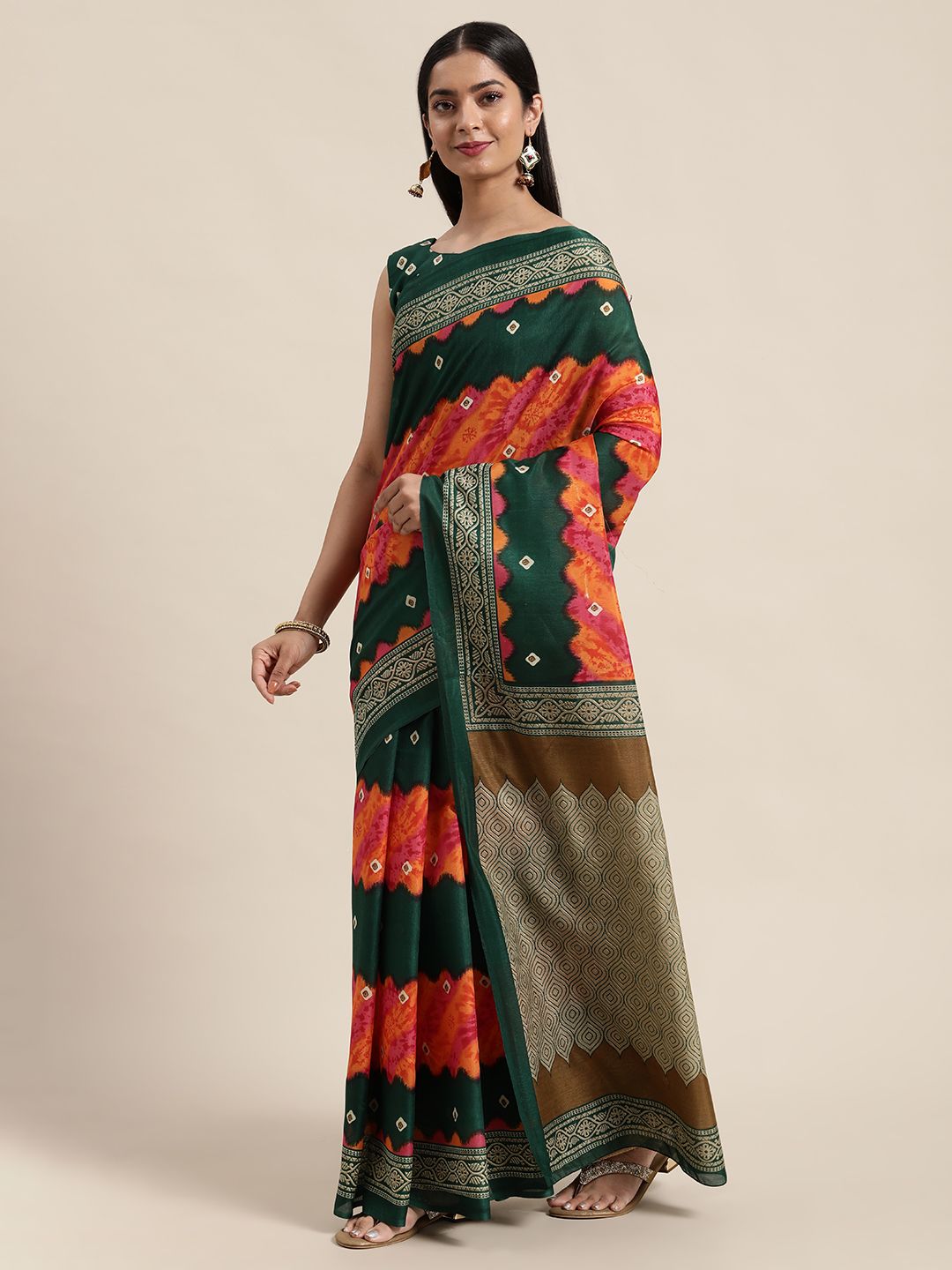 Saree mall Green & Orange Bandhani Art Silk Sarees Price in India