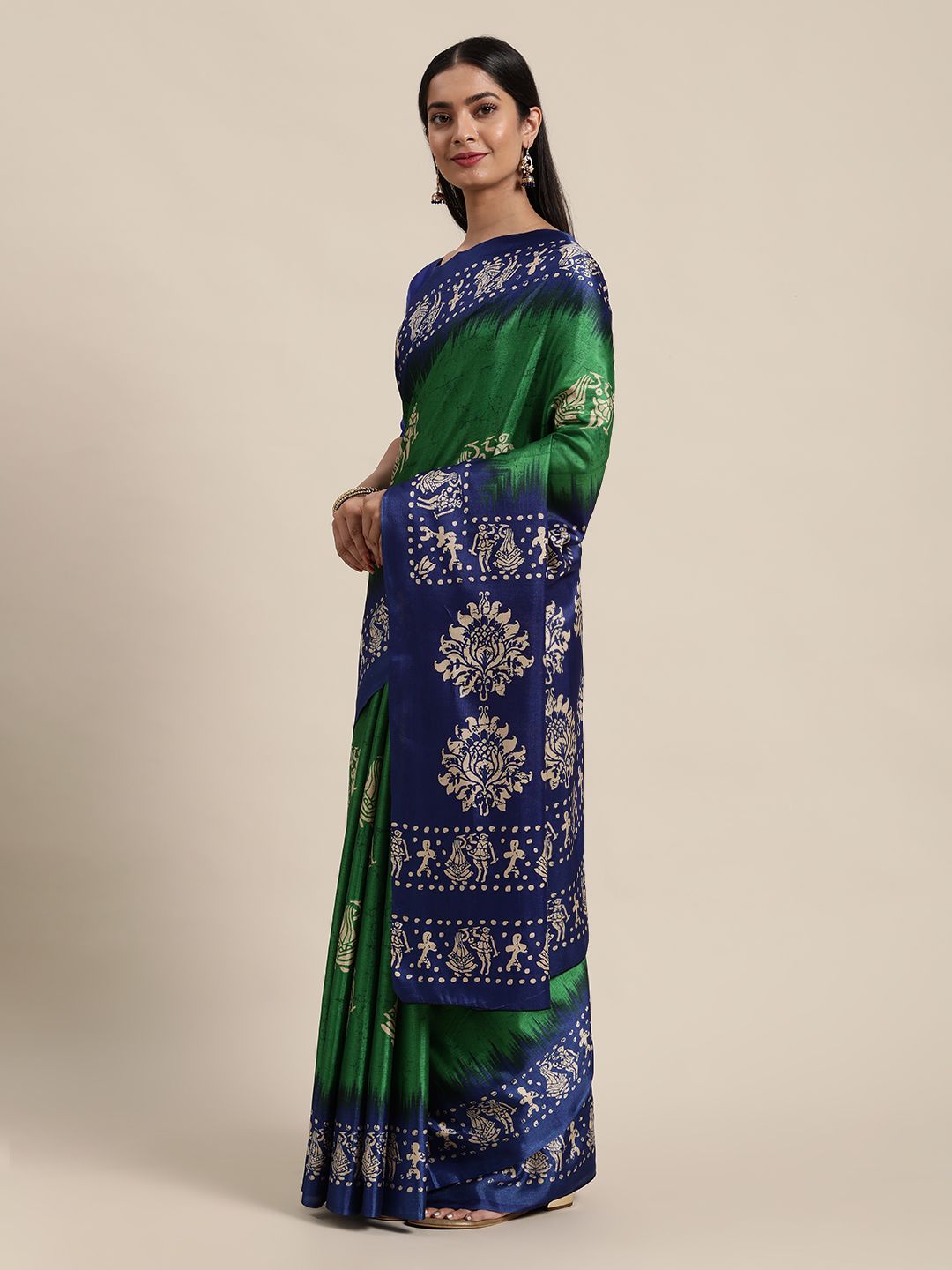 Saree mall Green & Navy Blue Ethnic Motifs Art Silk Sarees Price in India