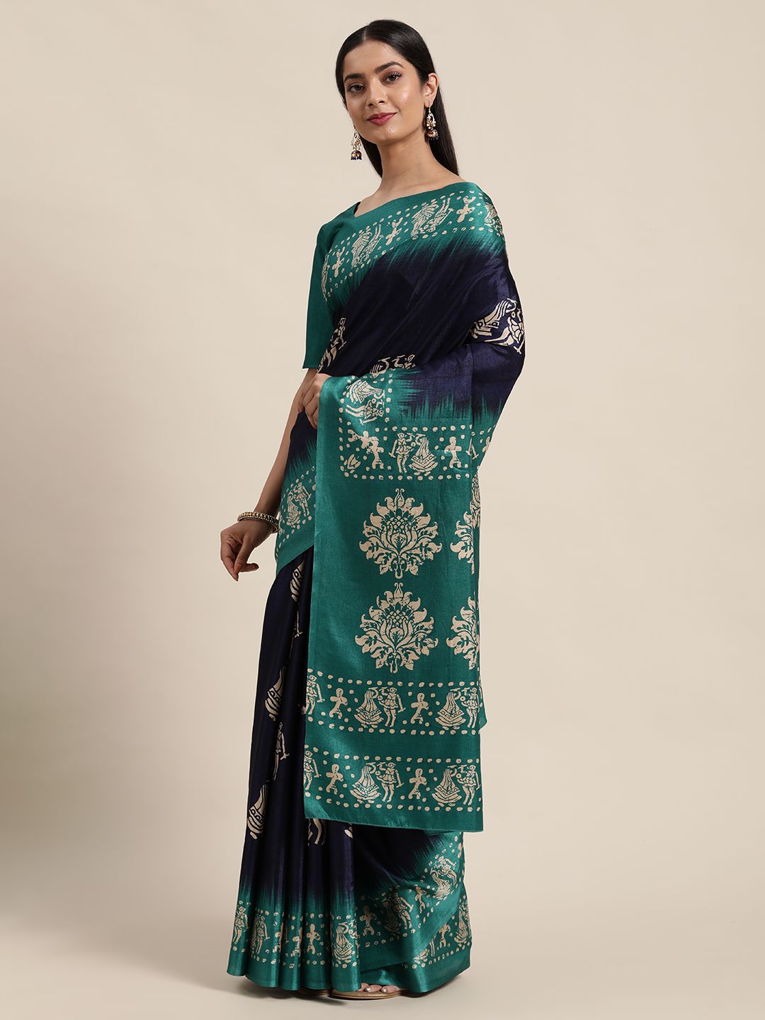 Saree mall Navy Blue & Teal Blue Ethnic Motifs Art Silk Sarees Price in India