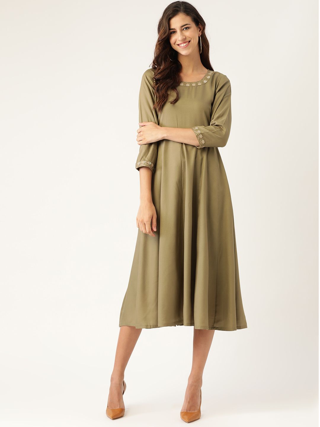 Shae by SASSAFRAS Olive Ethnic A-Line Midi Dress Price in India