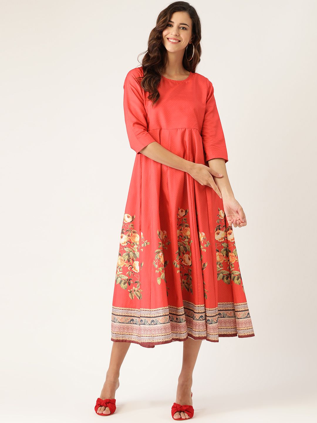 Shae by SASSAFRAS Peach Floral Ethnic A-Line Midi Dress