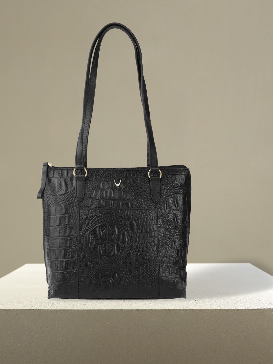 Hidesign Women Black Croc-Textured Leather Structured Shoulder Bag Price in India