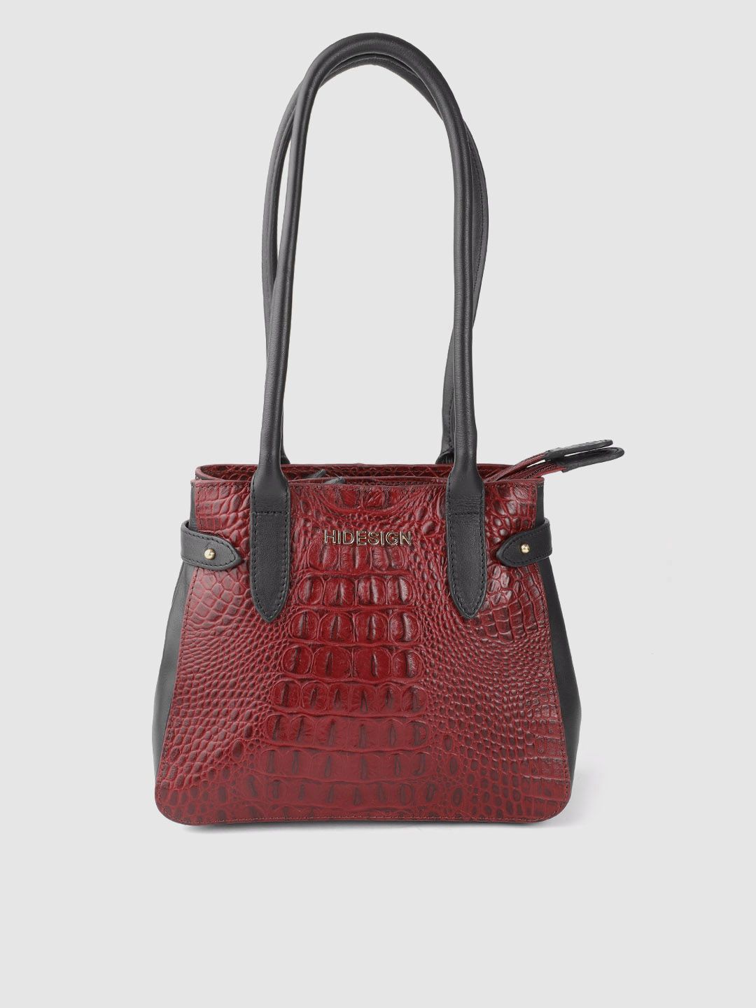 Hidesign Maroon & Black Croc Textured Leather Handcrafted Structured Shoulder Bag Price in India