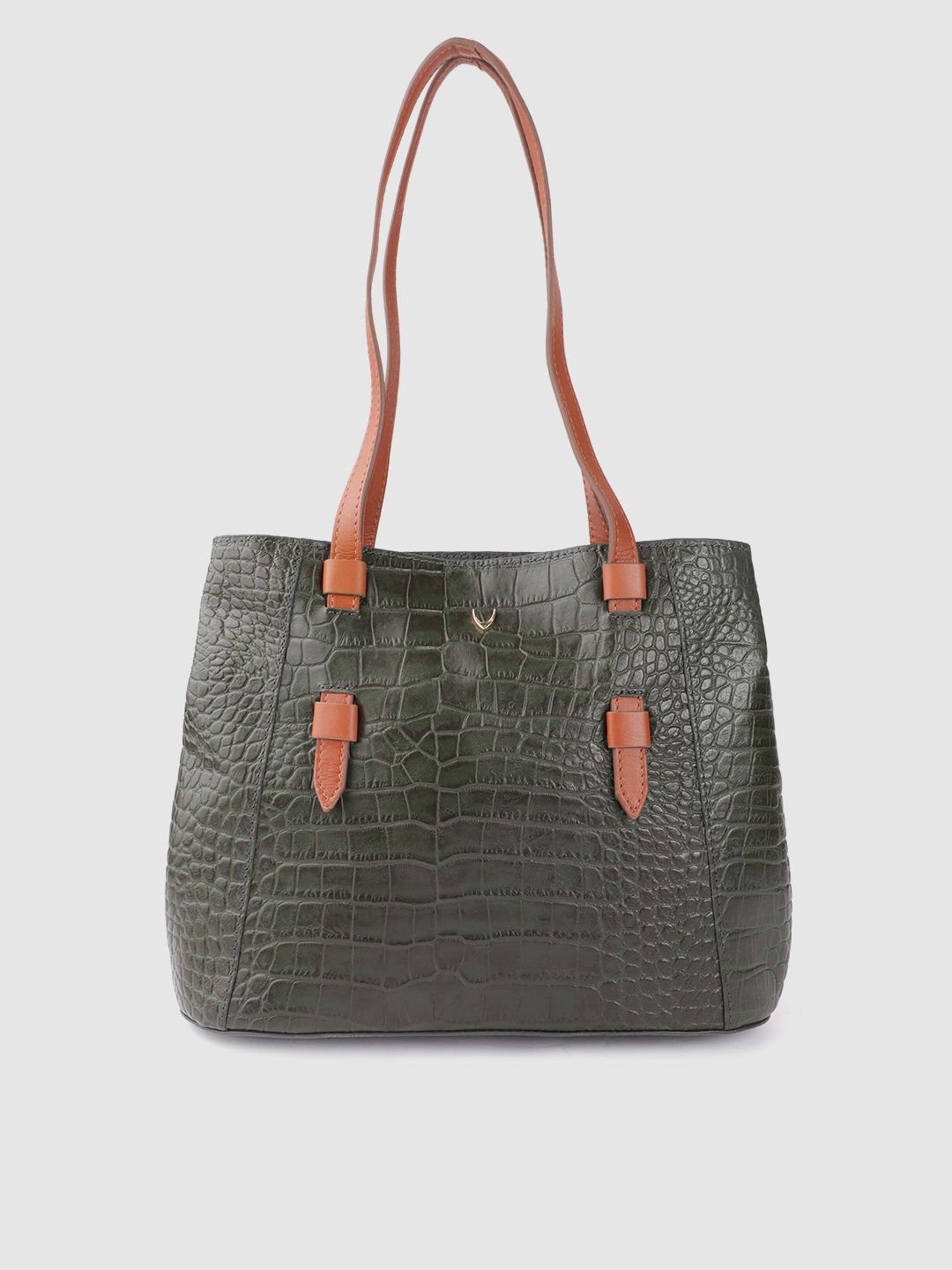 Hidesign Dark Green Croc Textured Leather Structured Shoulder Bag Price in India