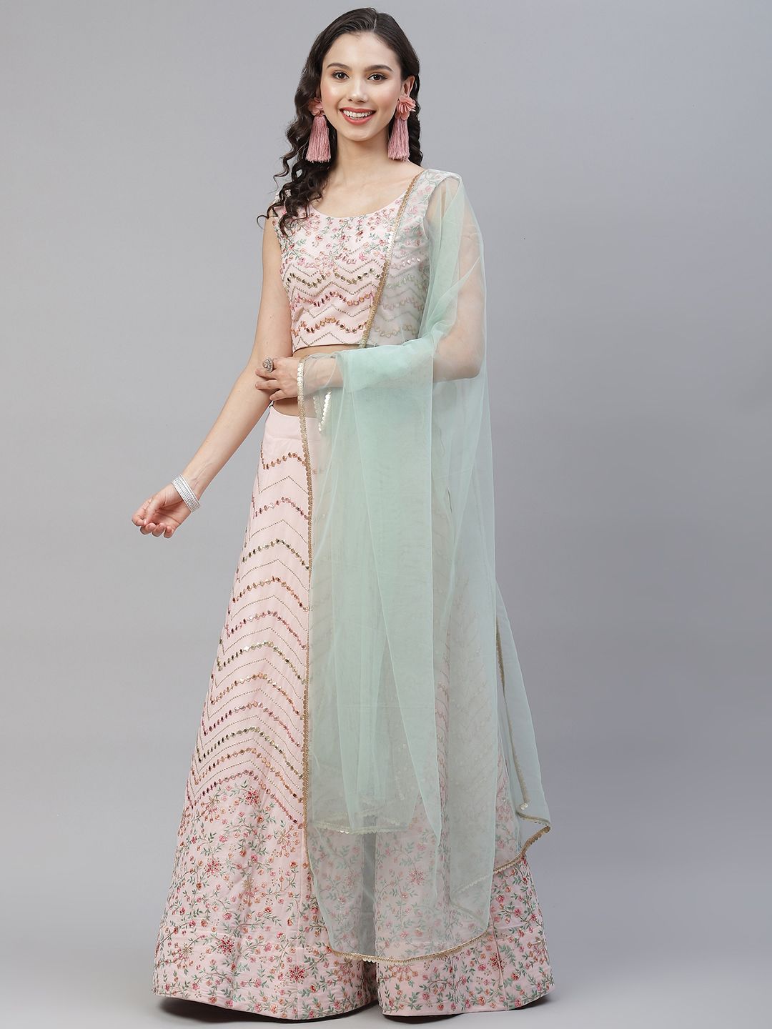 SHUBHKALA Pink & Green Embroidered Mirror Work Semi-Stitched Lehenga & Unstitched Blouse With Dupatta Price in India
