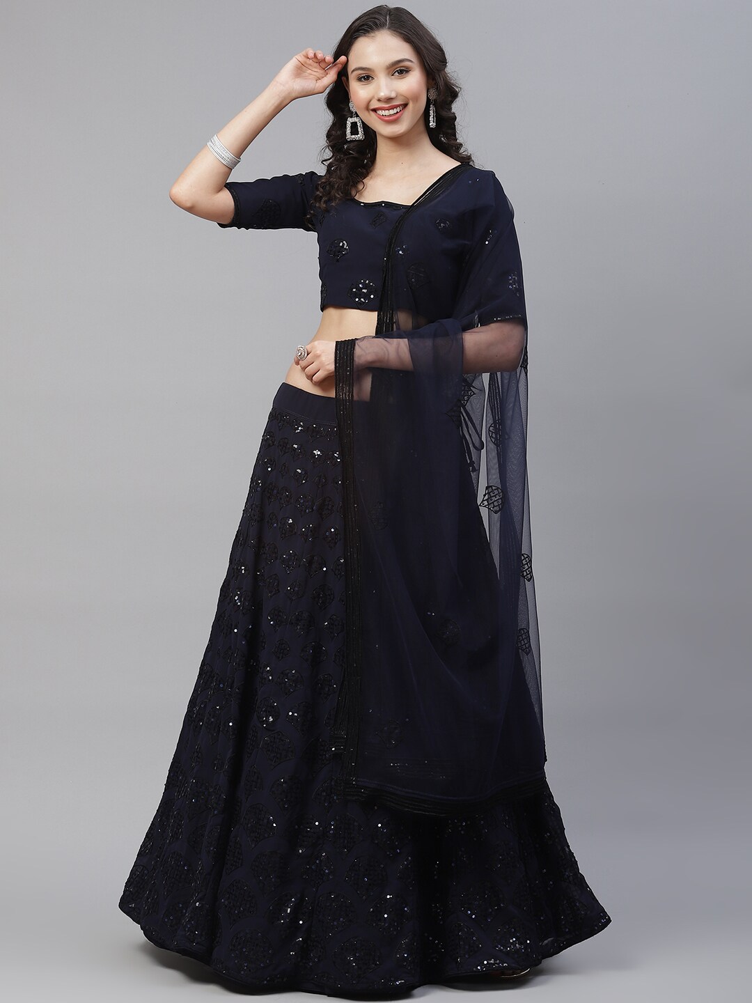 SHUBHKALA Navy Blue & Embroidered Sequinned Semi-Stitched Lehenga & Unstitched Blouse With Dupatta Price in India