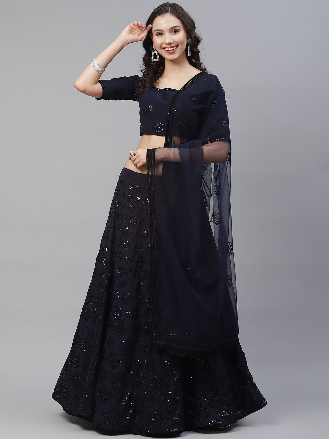 SHUBHKALA Navy Blue & Embroidered Sequinned Semi-Stitched Lehenga & Unstitched Blouse With Dupatta Price in India