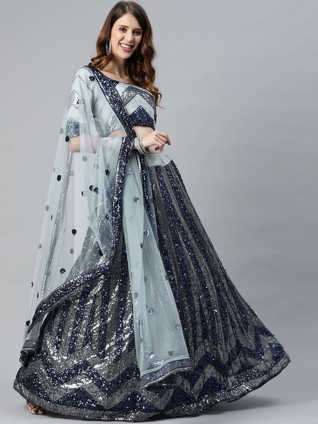 SHUBHKALA Blue & Grey Embellished Sequinned Semi-Stitched Lehenga & Unstitched Blouse With Dupatta Price in India