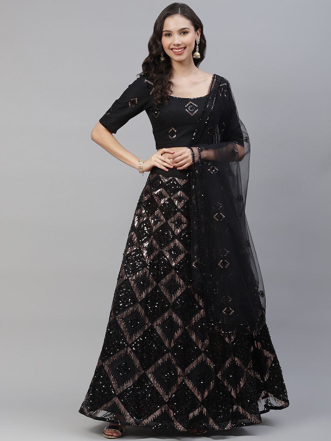 SHUBHKALA Black Sequinned Semi-Stitched Lehenga & Unstitched Blouse With Dupatta Price in India