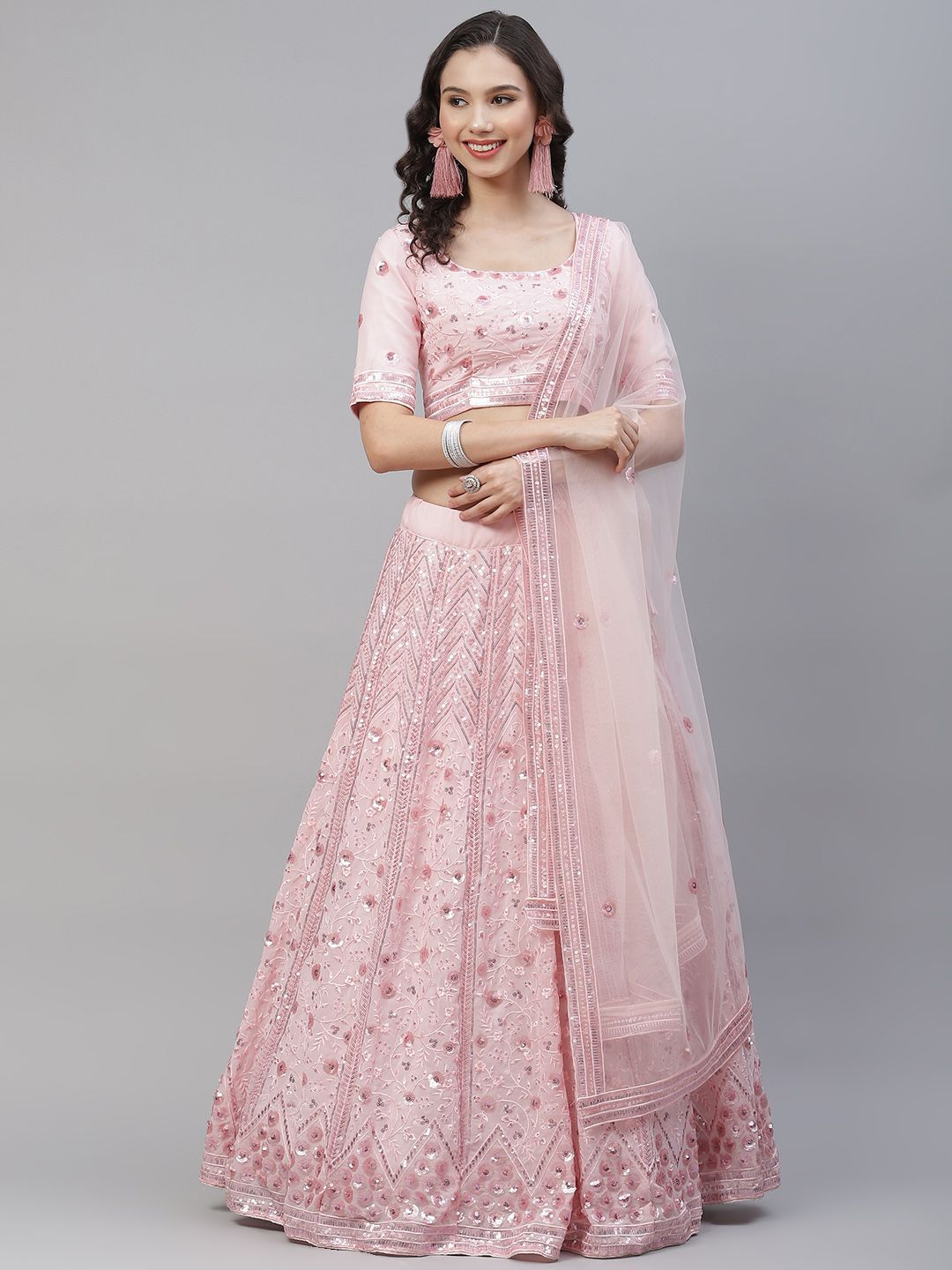 SHUBHKALA Pink & Silver Embroidered Semi-Stitched Lehenga & Unstitched Blouse With Dupatta Price in India