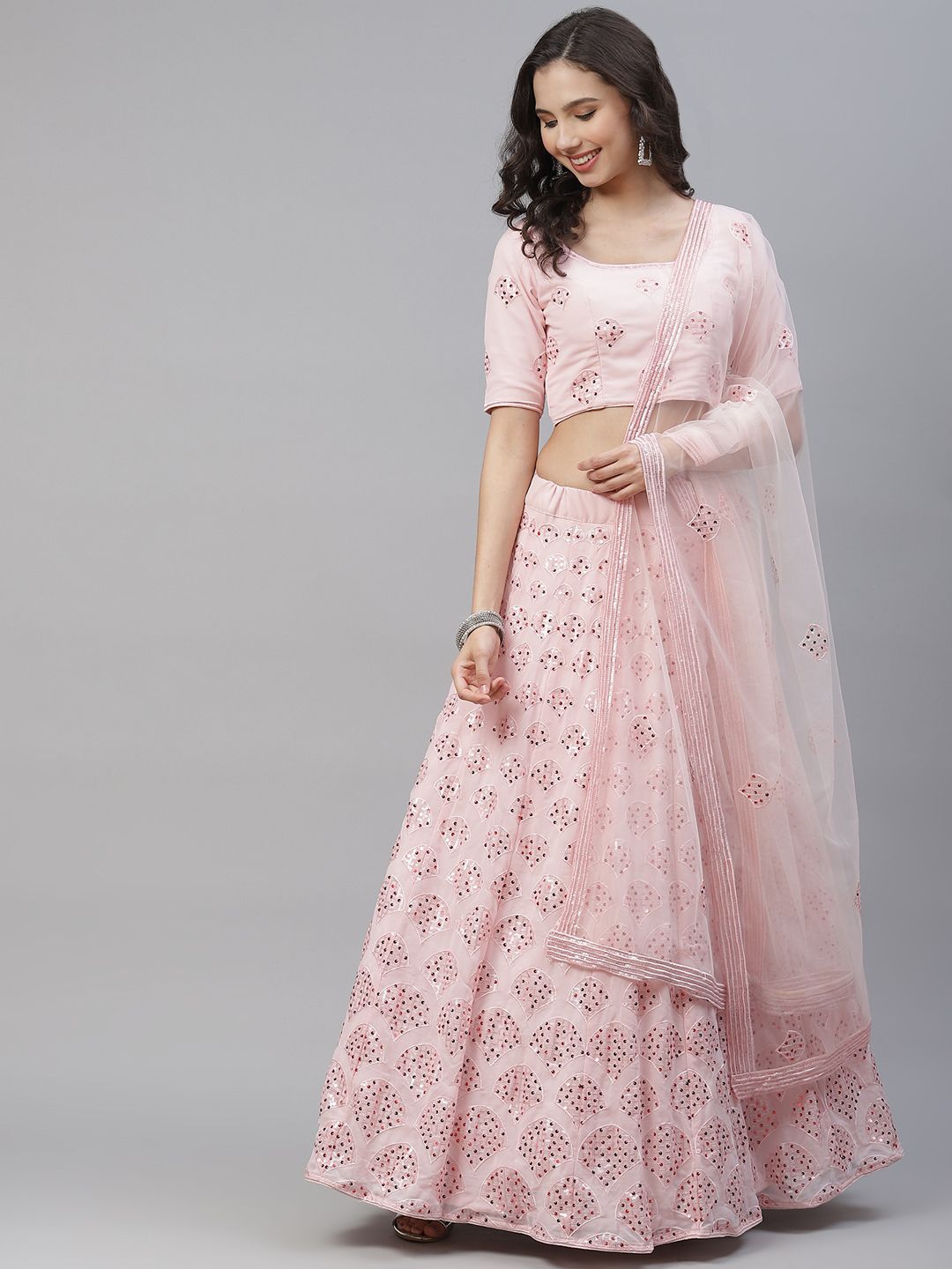 SHUBHKALA Pink Embroidered Sequinned Semi-Stitched Lehenga & Unstitched Blouse With Dupatta Price in India