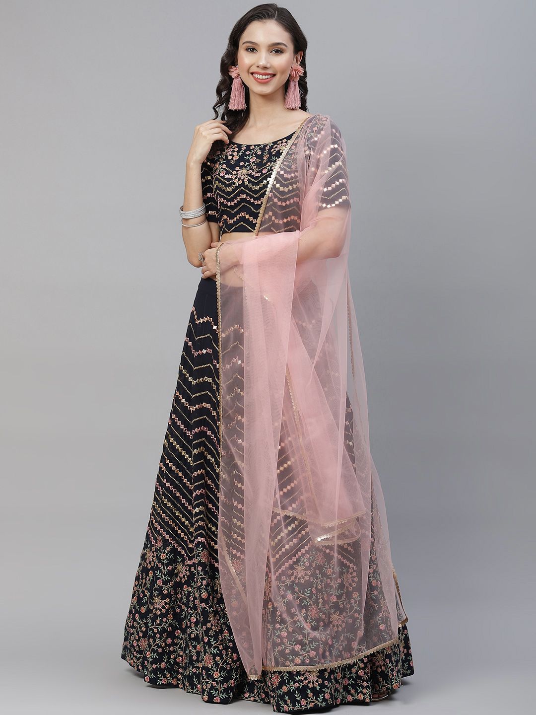 SHUBHKALA Navy Blue & Pink Embroidered Mirror Work Semi-Stitched Lehenga & Unstitched Blouse With Dupatta Price in India