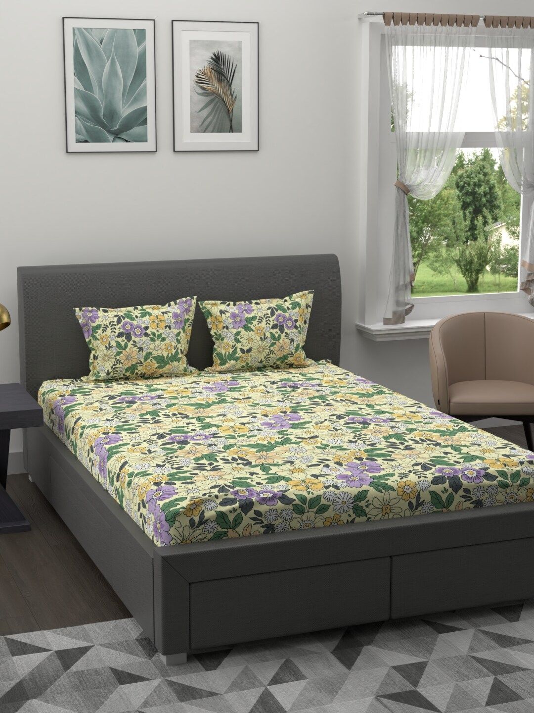 Trident Yellow & Purple Floral 200 TC Cotton 1 King Bedsheet with 2 Pillow Covers Price in India