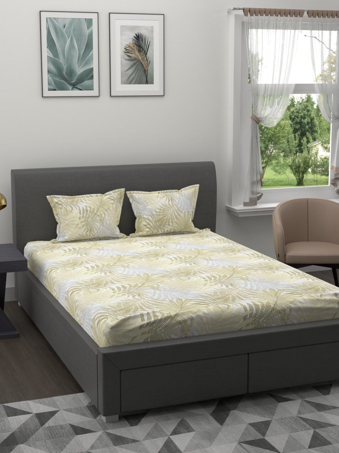 Trident Yellow & Grey Floral 200 TC Cotton 1 King Bedsheet with 2 Pillow Covers Price in India