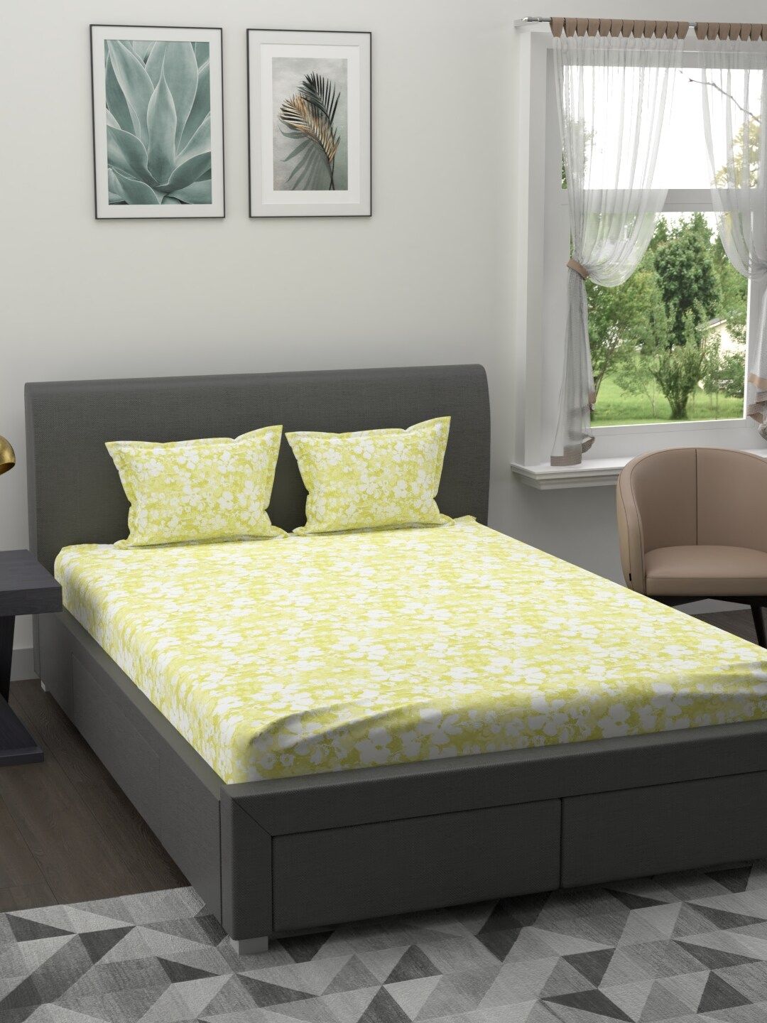 Trident Yellow & White Floral 200 TC Cotton 1 King Bedsheet with 2 Pillow Covers Price in India