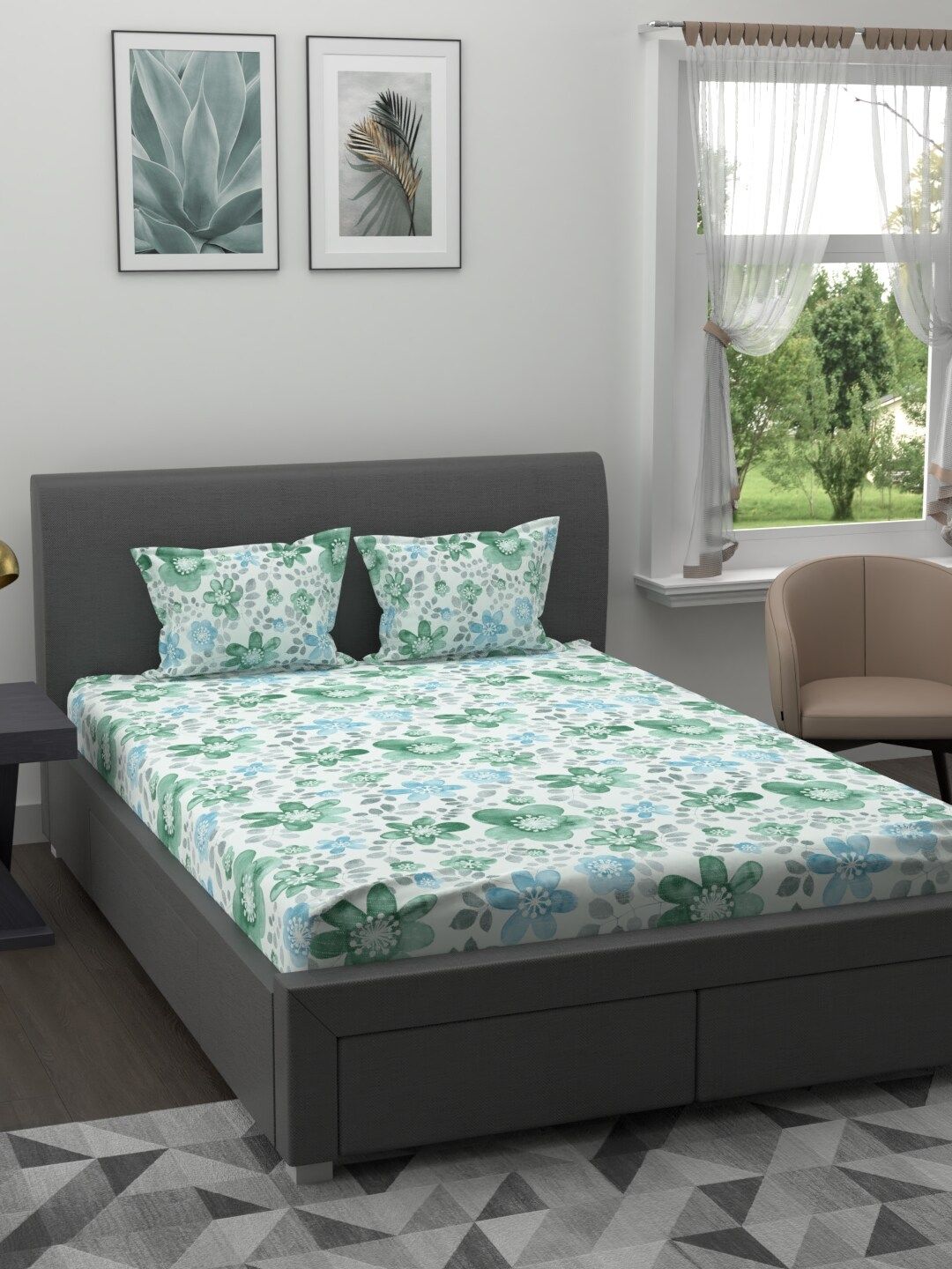 Trident White & Green Floral 200 TC Cotton 1 King Bedsheet with 2 Pillow Covers Price in India