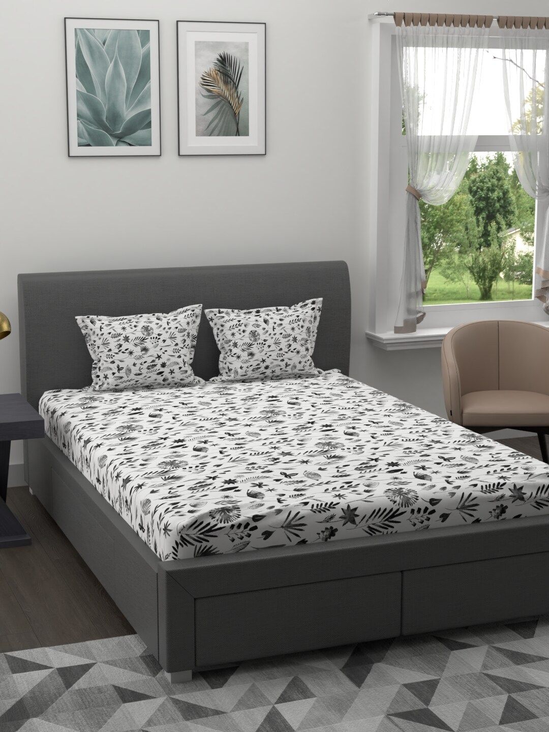 Trident White & Black Floral 200 TC Cotton 1 King Bedsheet with 2 Pillow Covers Price in India