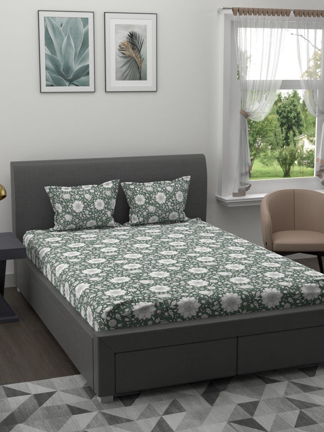 Trident Green & White Floral 200 TC Cotton 1 King Bedsheet with 2 Pillow Covers Price in India