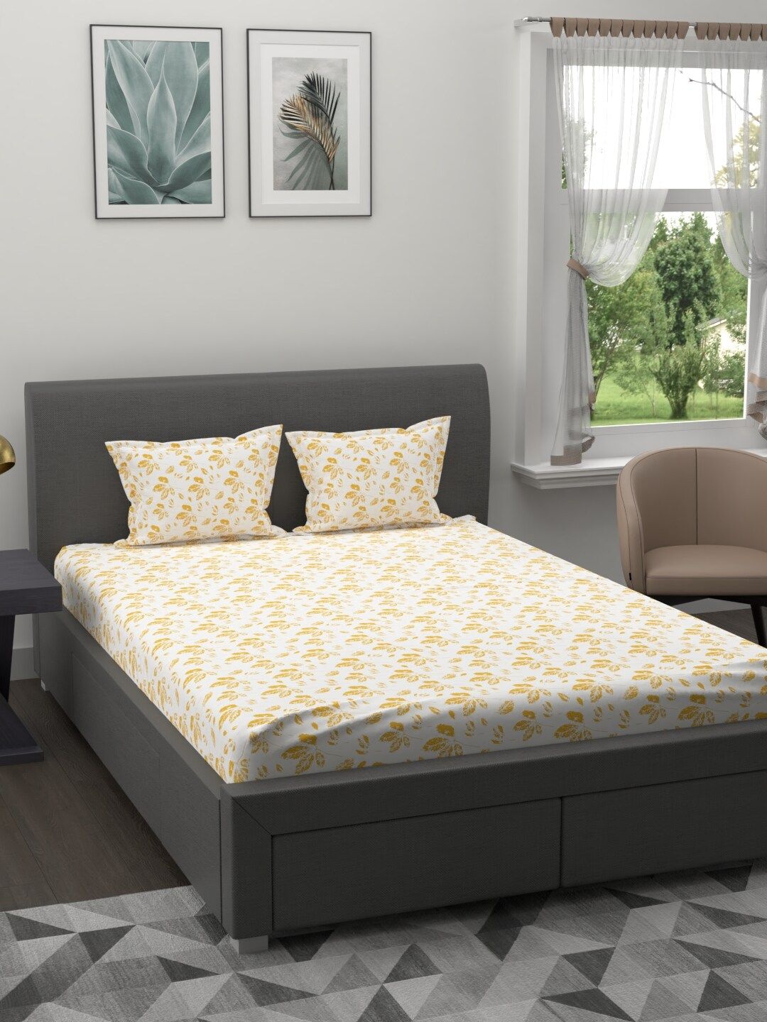 Trident White & Yellow Floral 200 TC Cotton 1 King Bedsheet with 2 Pillow Covers Price in India
