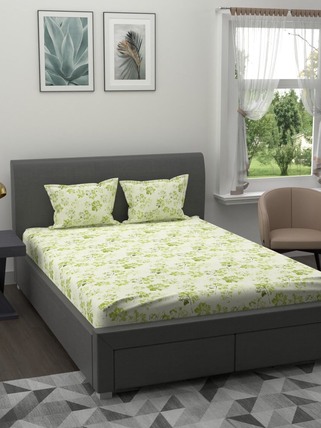 Trident Green Floral Printed 200 TC Cotton 1 King Bedsheet with 2 Pillow Covers Price in India